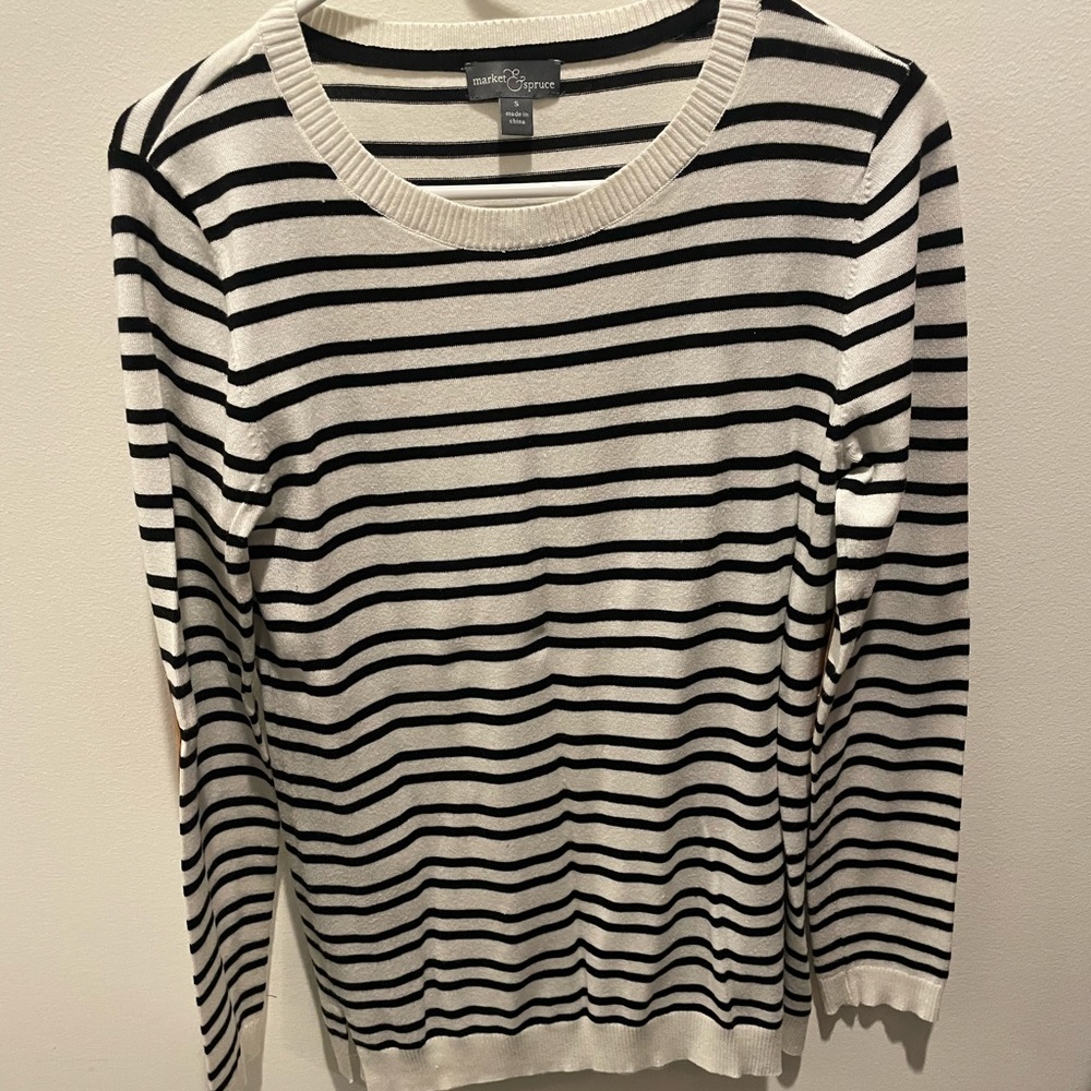 Market & Spruce White Black Striped Crewneck Sweater Elbow Pads Size S
